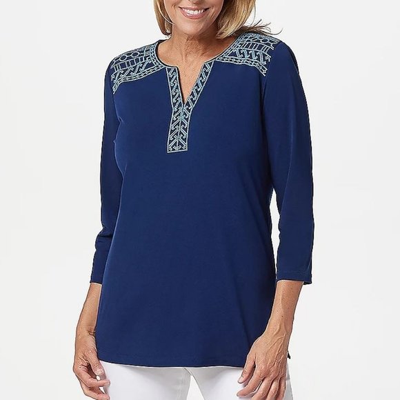 Susan Graver Tops - Susan Graver Liquid Knit Top with Embroidery 4722
